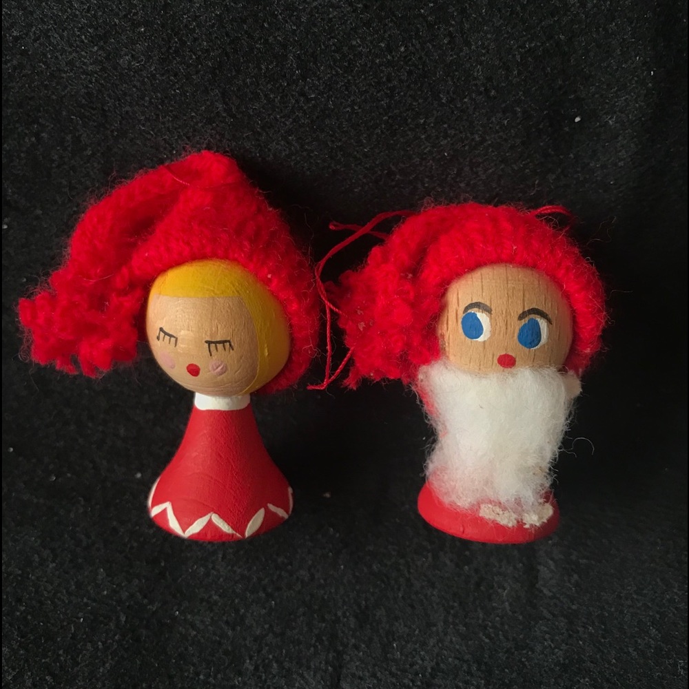Genuine Denmark Anne Beate PAIR Wooden Christmas Santa and Mrs. Claus Ornaments